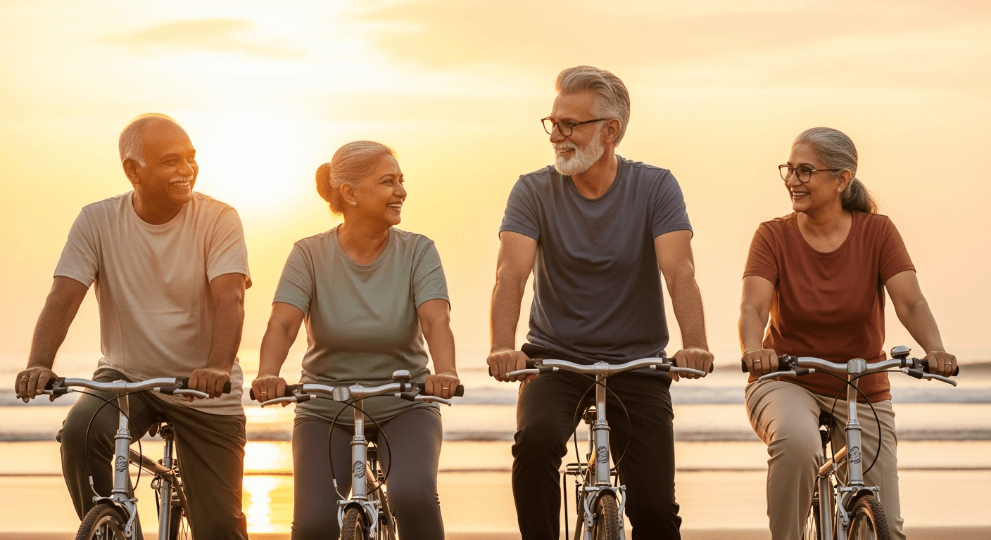 A vibrant, joyful elderly Indian gentleman smiling in warm golden light